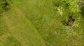Drop down view of a person mowing lawn. Royalty Free Stock Photo