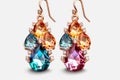 Drop earrings with colored crystals on white background. Generative AI Royalty Free Stock Photo