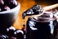 Drop of jam dripping from the spoon. Brazil grape jelly, called jaboticaba or jabuticaba