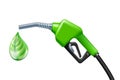 Drop like a green leaf dripping from Fuel handle pump nozzle with hose Royalty Free Stock Photo