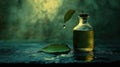 A drop of liquid falls from a leaf into a glass bottle, symbolizing nature and purity Royalty Free Stock Photo