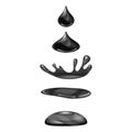 Drop of liquid, water falls and makes a splash, black colour. Phases, frames, for animation, cartoon style, vector Royalty Free Stock Photo