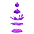 Drop of liquid, water falls and makes a splash, purple colour. Phases, frames, for animation, cartoon style, vector Royalty Free Stock Photo