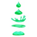 Drop of liquid, water falls and makes a splash, green colour. Phases, frames, for animation, cartoon style, vector Royalty Free Stock Photo
