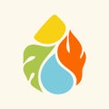 Drop logo template with elements of nature. Elegant vector logotype or icon with water, fire, leaf and sun