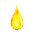 Drop of oil in yellow color. Icon of gold liquid drop like oil, gasoline or vitamins from droplet. Orange drip isolated on white.