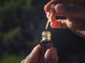 A drop of Oud oil. Arabian oud attar perfume or agarwood oil fragrances in mini bottles. Royalty Free Stock Photo