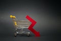 Drop in sales of a business. Decline in online orders of digital venture. Shopping cart with down arrow on black background