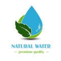 Drop symbol with leaf on white background, natural label for mineral water