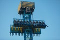 Drop tower in twilight at a traveling carnival