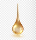 Drop of transparent golden cosmetic liquid. Oil yellow shapes isolated on transparent background. Cosmetic spa droplet.