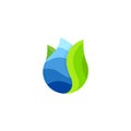 Drop vector logo. Water abstract icon. Sea wave inside drop with green leaf. Abstract simple isolated blue symbol Royalty Free Stock Photo