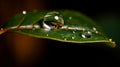 A drop of water balancing on the edge of a leaf. AI generated Royalty Free Stock Photo