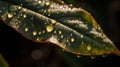 A drop of water balancing on the edge of a leaf. AI generated Royalty Free Stock Photo