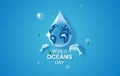 Drop of water concept of World Oceans Day. Celebration dedicated to help protect sea earth and conserve water ecosystem. Blue Royalty Free Stock Photo