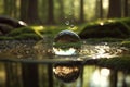 a drop of water falling into a pool of water in a forest. generative ai Royalty Free Stock Photo