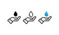 Drop water in hand icon set. Moisturizing oil line icon. Disinfection protection measures icon. Stylized palm of a man, wash hands
