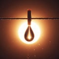 A drop of water hanging on a clothespin, on a clothesline, at sunset. Royalty Free Stock Photo