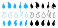 Drop water icons. Logos of raindrops. Blue, black inks. Droplet blood or oil. Symbol of drip liquid. Outline shapes for rain, milk Royalty Free Stock Photo