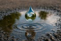 A drop of water over a puddle with a reflection of the sky. Royalty Free Stock Photo