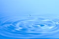 A drop of water over the water surface with circles of blue tones, close-up Royalty Free Stock Photo