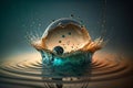 Drop of water producing splashes. Generative AI Royalty Free Stock Photo