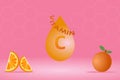 Drop water vitamin C orange with an orange fruit and orange slice on pink background with honeycomb pattern. Vector illustration Royalty Free Stock Photo