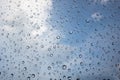Drop of water on window glass, cloud and blue sky background