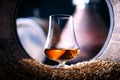 Droplets of aged single malt whiskey flow down a glass Royalty Free Stock Photo