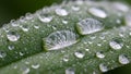 Droplets on a green leaf displaying a gradient of sizes from small Royalty Free Stock Photo