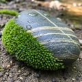 Droplets rest on both the stone and moss indicating recent rain Royalty Free Stock Photo