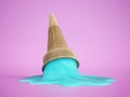 Dropped ice cream. Blue melted ice cream on pink surface. 3D illustration