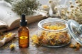 Dropper bottle of calendula infusion or oil, jar of dried marigold flowers, old recipes book and chamomile bunch on background.