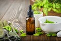 Dropper bottle of essential oil from fir buds and needles, white mortar of spruce tips, twigs of fir tree on table