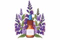 Dropper bottle with herbal essence surrounded by flowers. Essential oil illustration with blooming botanicals. Concept Royalty Free Stock Photo