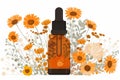 Dropper bottle with herbal essence surrounded by flowers. Essential oil illustration with blooming botanicals. Concept Royalty Free Stock Photo