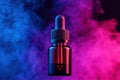 A dropper bottle immersed in colorful smoke creating a captivating visual effect