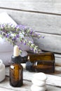 A dropper bottle of lavender essential oil. Closeup Royalty Free Stock Photo