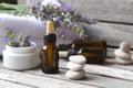 A dropper bottle of lavender essential oil. Closeup Royalty Free Stock Photo