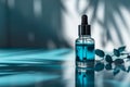 Dropper bottle of serum mockup on an abstract blue background with light and shadows