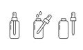 Dropper bottle with serum or oil, linear icons set. Cosmetic product in vial with pipette