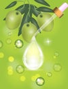 Dropper with Collagen serum drop on Sparkling, shine green background.