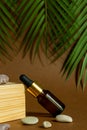 Dropper dark glass bottle with pipette or droplet. Mock up Essential liquid .Trendy background with wooden pedestal, tropical