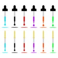 Dropper with droplet. Pipettes with colored drops. Vector illustration. Different and various colors.