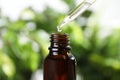 Dropper with essential oil over bottle against blurred background Royalty Free Stock Photo