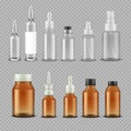 Dropper glass bottle. Realistic medical containers for pills capsules eye drops aromatic oil. Vector plastic and glass