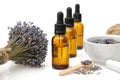 DropperDropper bottles of lavender essential oil or aromatic flower water, mortar and bunch of dried lavender flowers on white Royalty Free Stock Photo