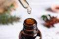 Dropping anise essential oil from pipette into bottle on table  closeup Royalty Free Stock Photo