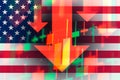 Dropping arrows showing decreasing trend in economy or downtrend on the stock exchange in USA