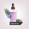 Dropping essential peppermint oil glass bottle with flower and liquid natural face body beauty remedies concept